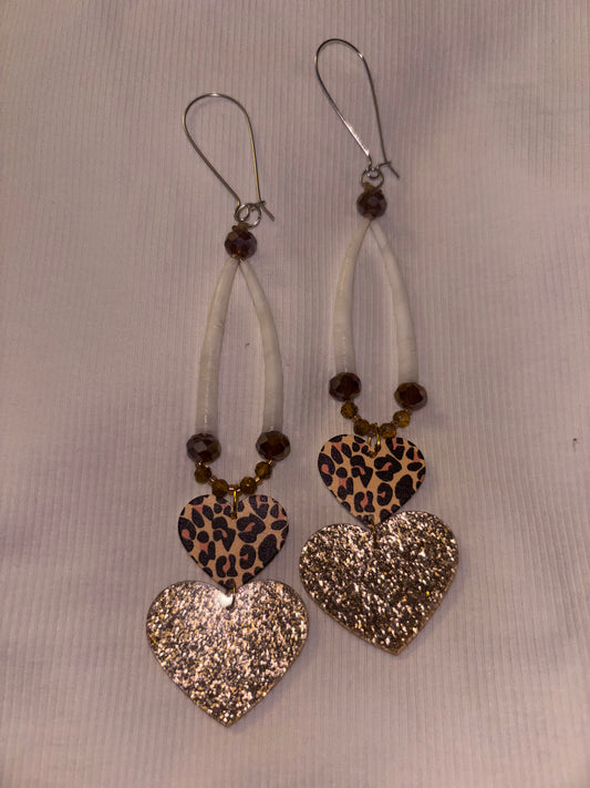 Brown and gold dentalium earrings with cheetah heart attachments
