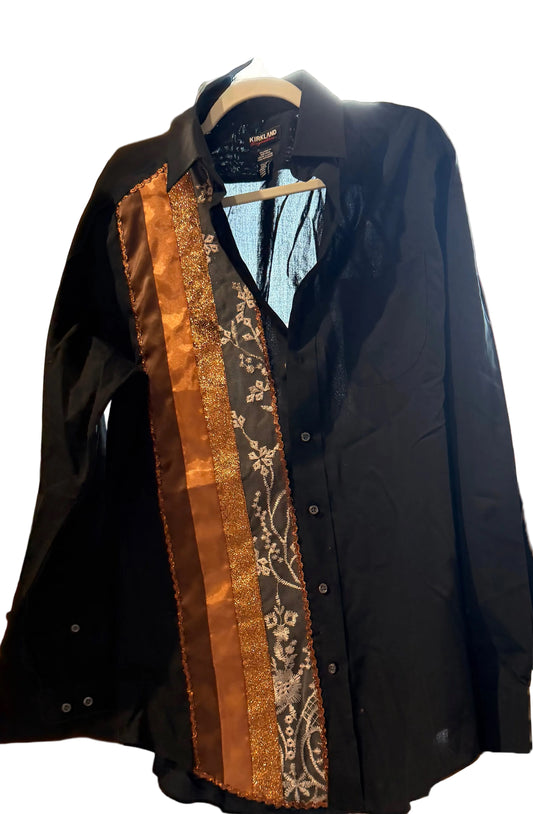 Brown ribbon shirt long sleeve with ribbons and lacing on front
